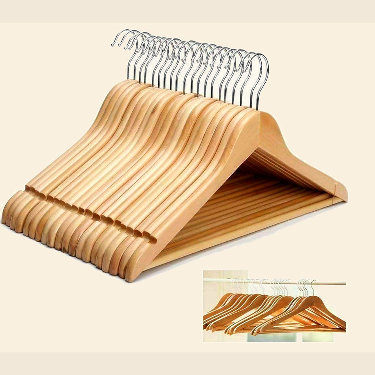 Natural Wooden Coat Hangers, Pack of 20
