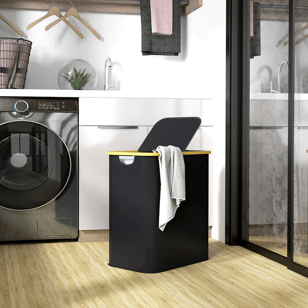80 L Collapsible Two-Section Laundry Hamper with Lids, Black