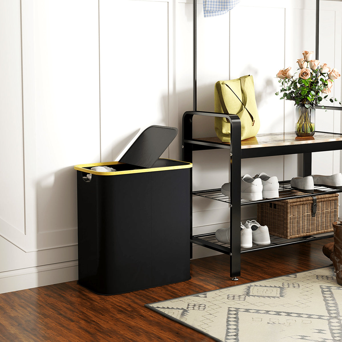 80 L Collapsible Two-Section Laundry Hamper with Lids, Black - view 4