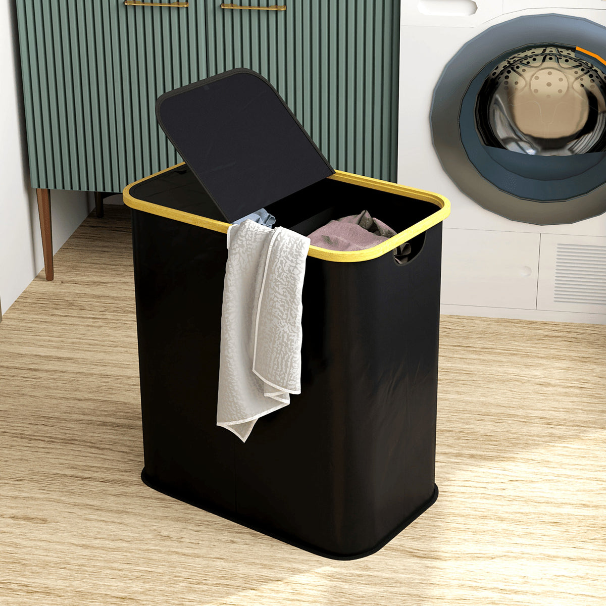 80 L Collapsible Two-Section Laundry Hamper with Lids, Black - view 5