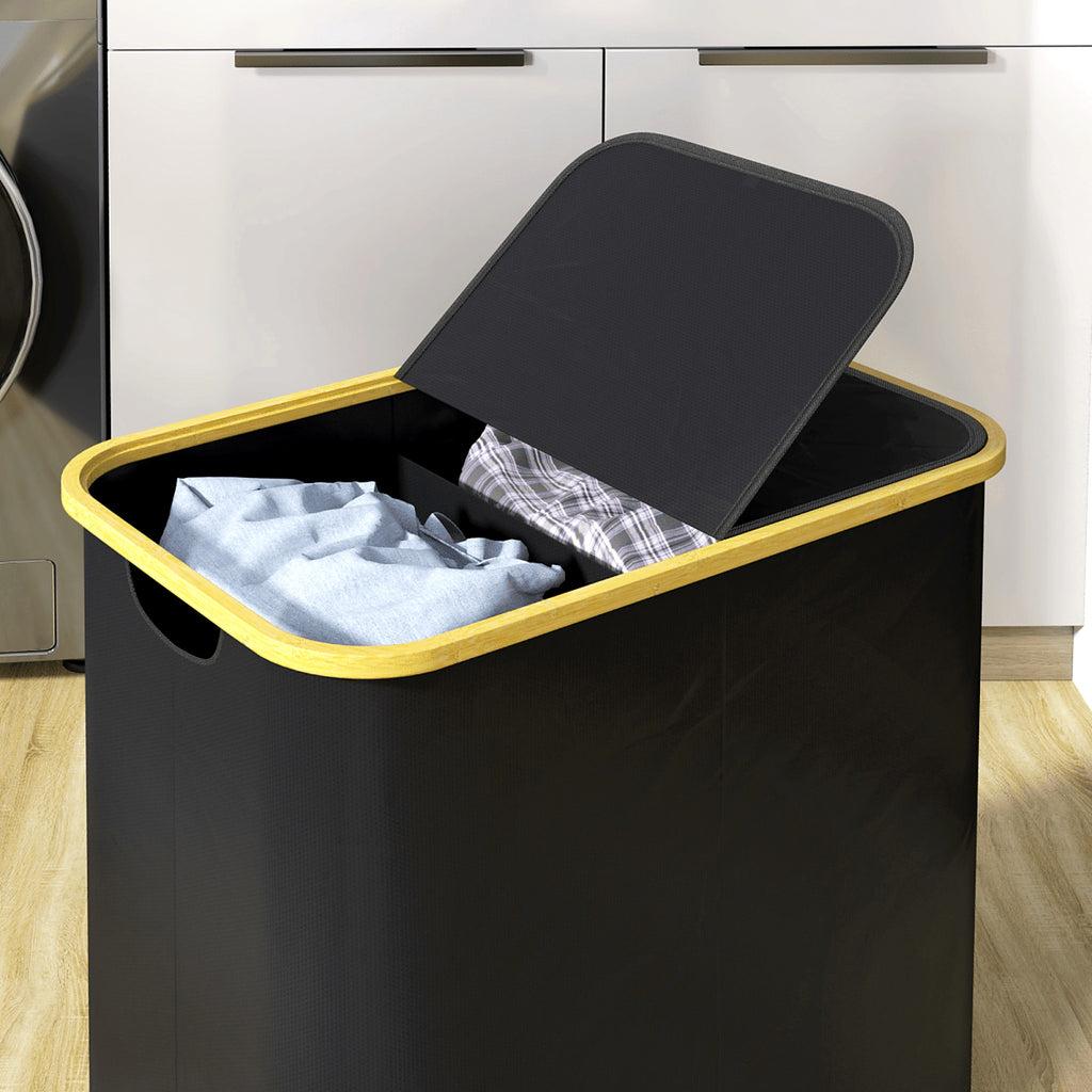 80 L Collapsible Two-Section Laundry Hamper with Lids, Black - view 6