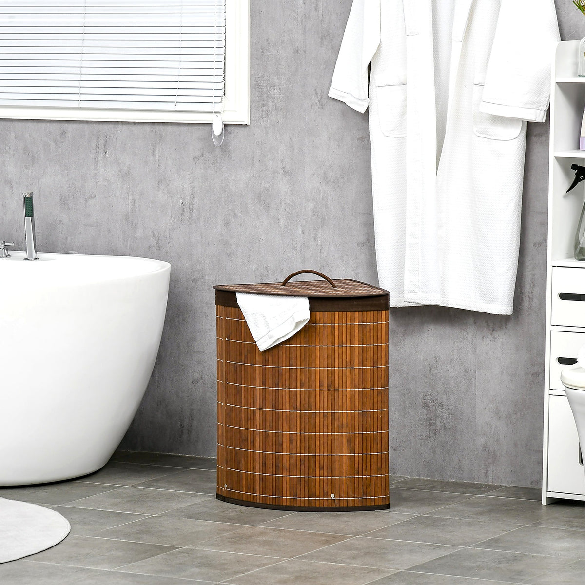 55 L Bamboo Corner Laundry Hamper with Lid, Brown