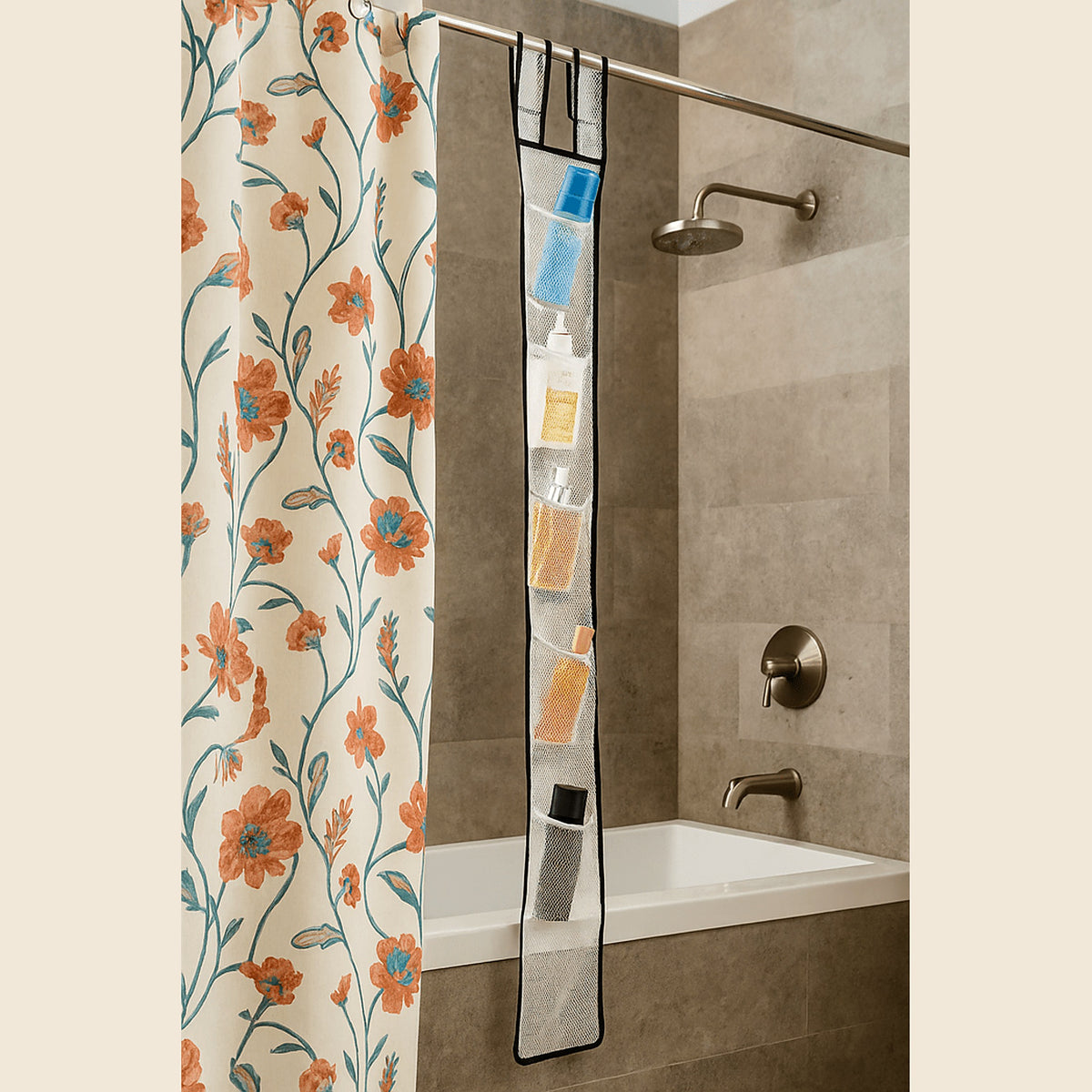 Hanging mesh shower caddy pockets detail
