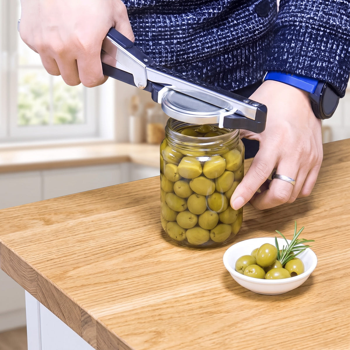 Adjustable jar opener in use on a jar of peaches