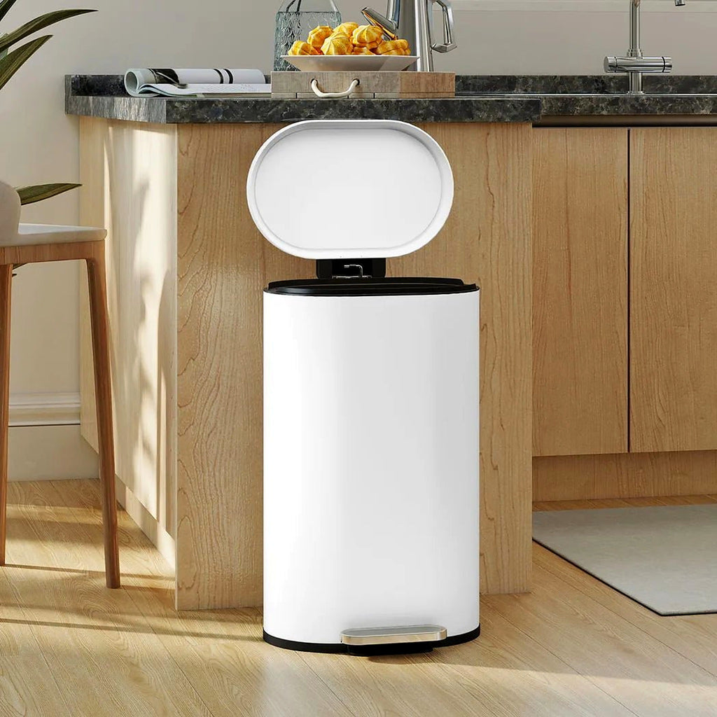 White 30 L curved pedal bin in a modern kitchen