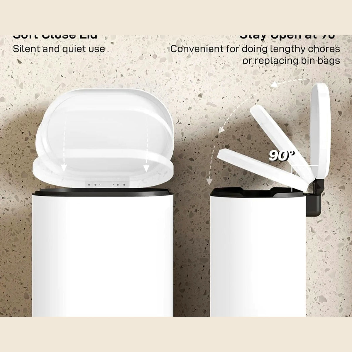 Soft-close lid and pedal of the bin