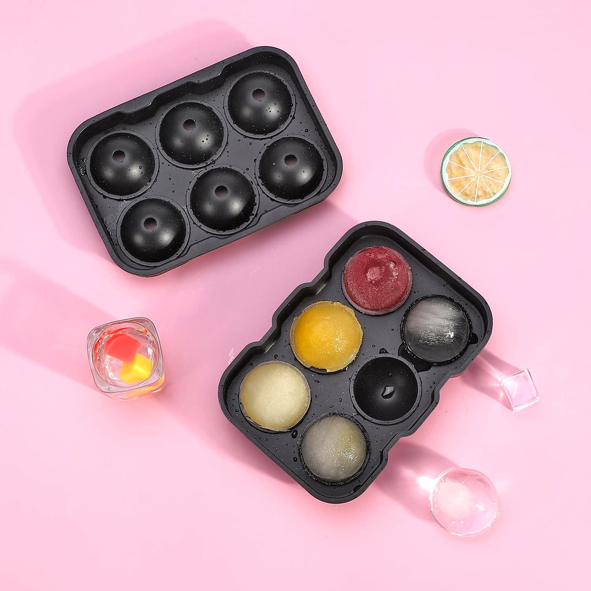 Black silicone sphere ice tray with ice balls