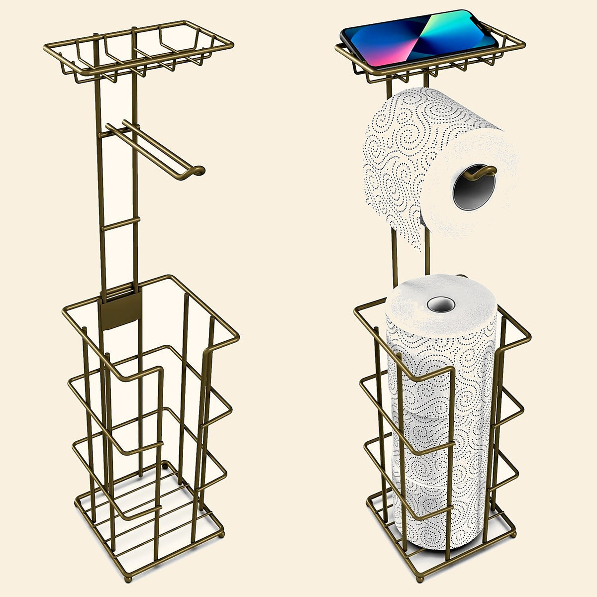 Free-Standing Metal Toilet Roll Holder with Storage