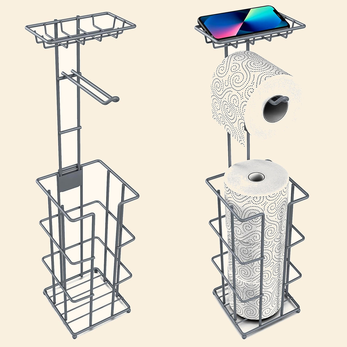 Free-Standing Metal Toilet Roll Holder with Storage - view 2