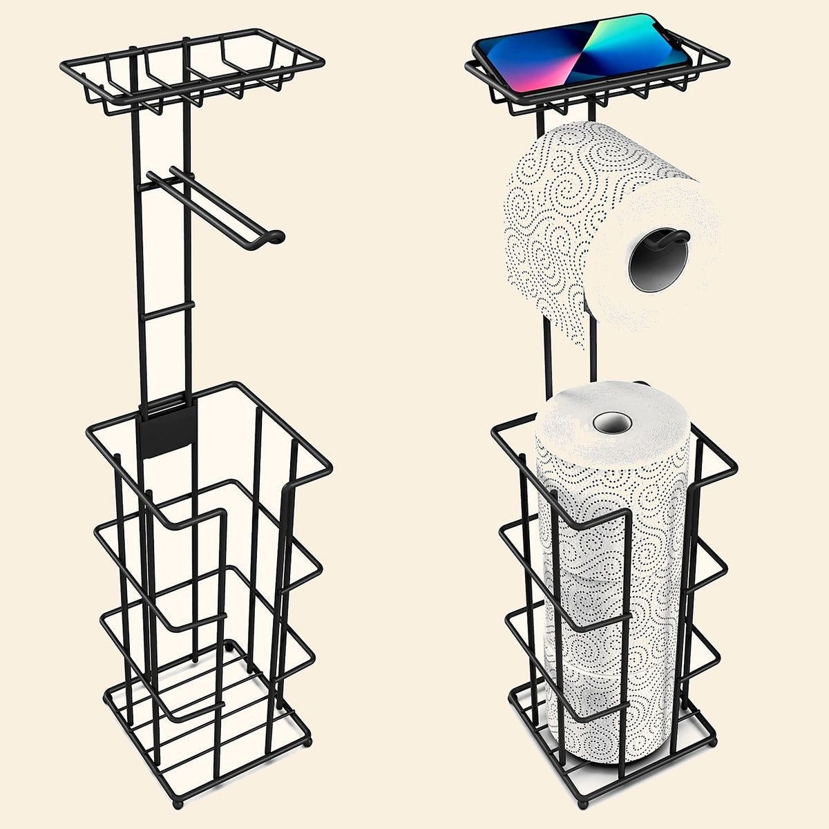 Free-Standing Metal Toilet Roll Holder with Storage - view 3