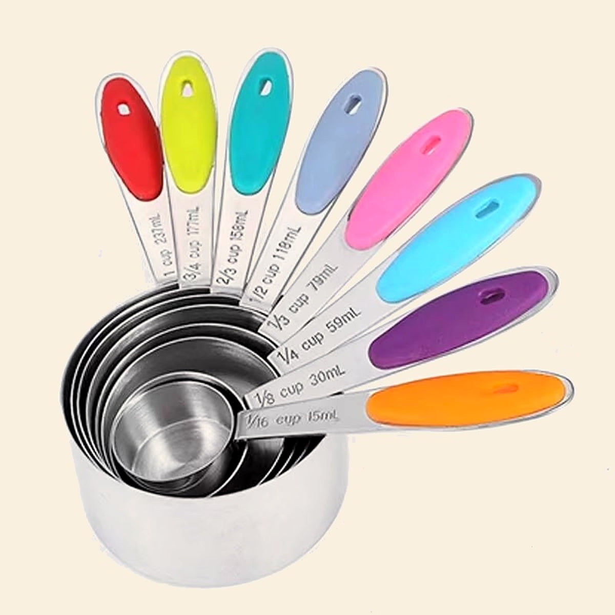 Nesting measuring cups with coloured handles