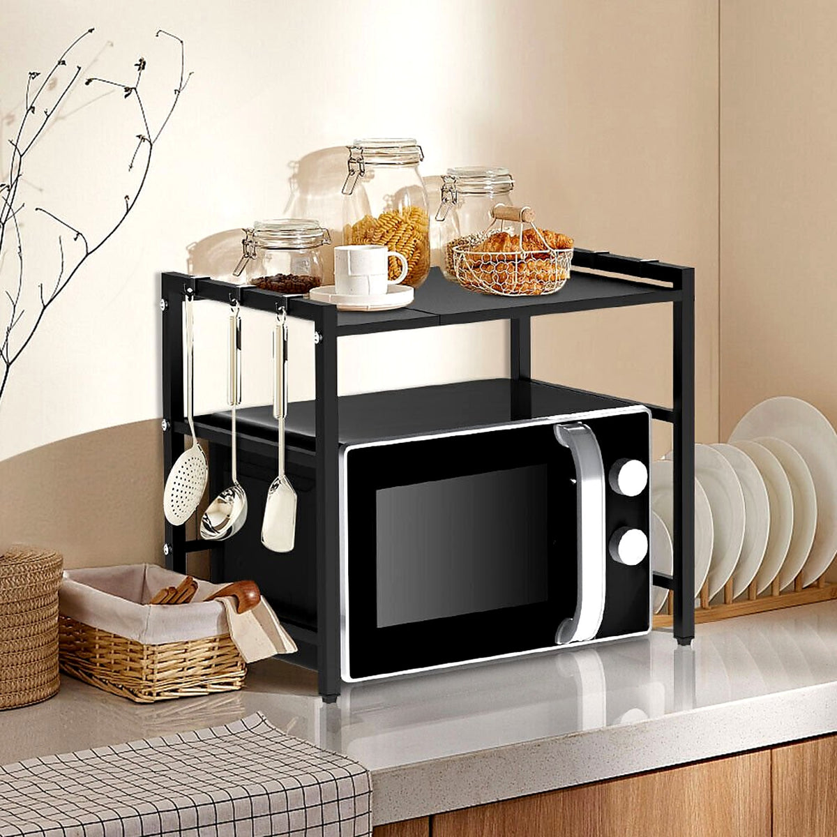 Extendable kitchen storage rack over the microwave