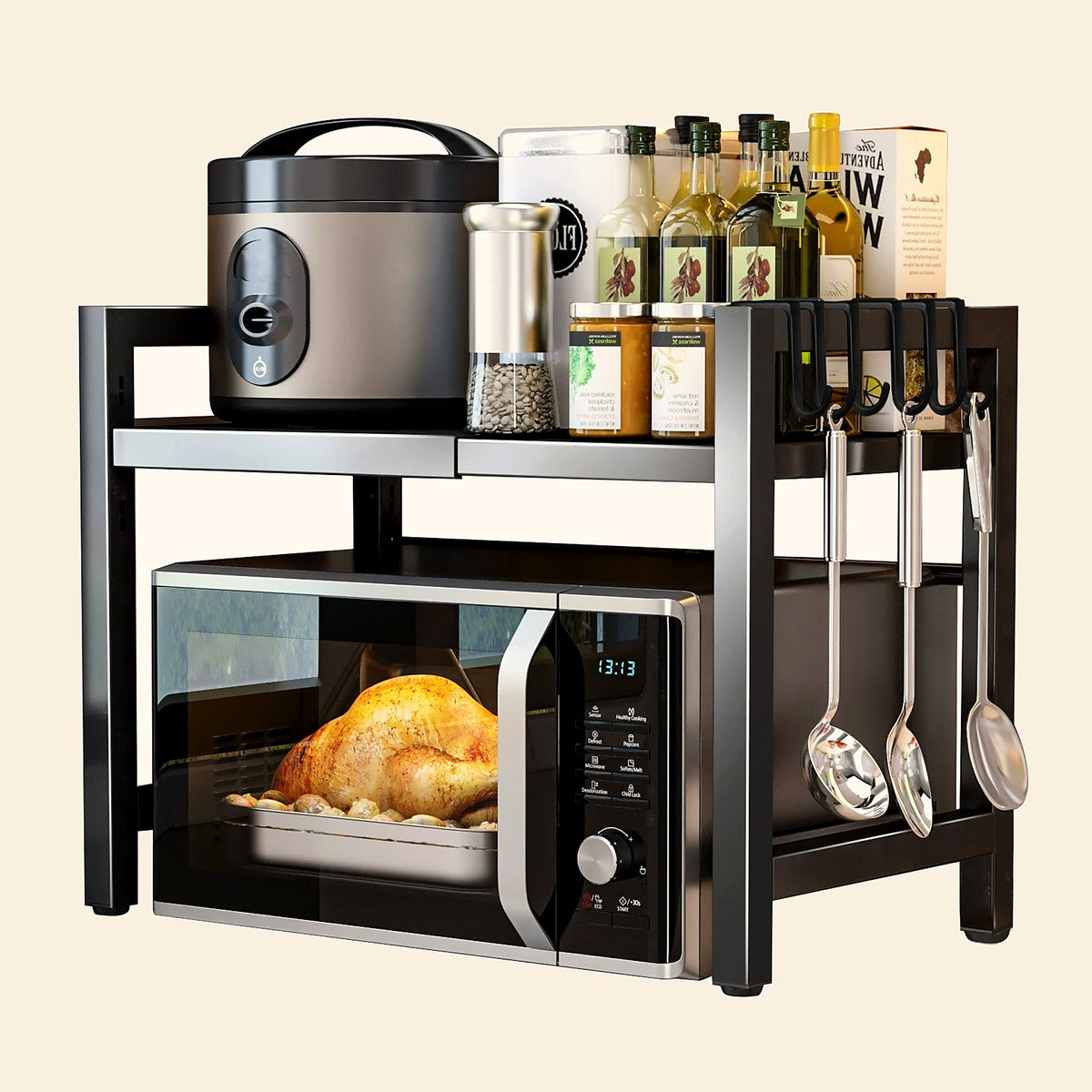 Black extendable storage rack with 6 hooks