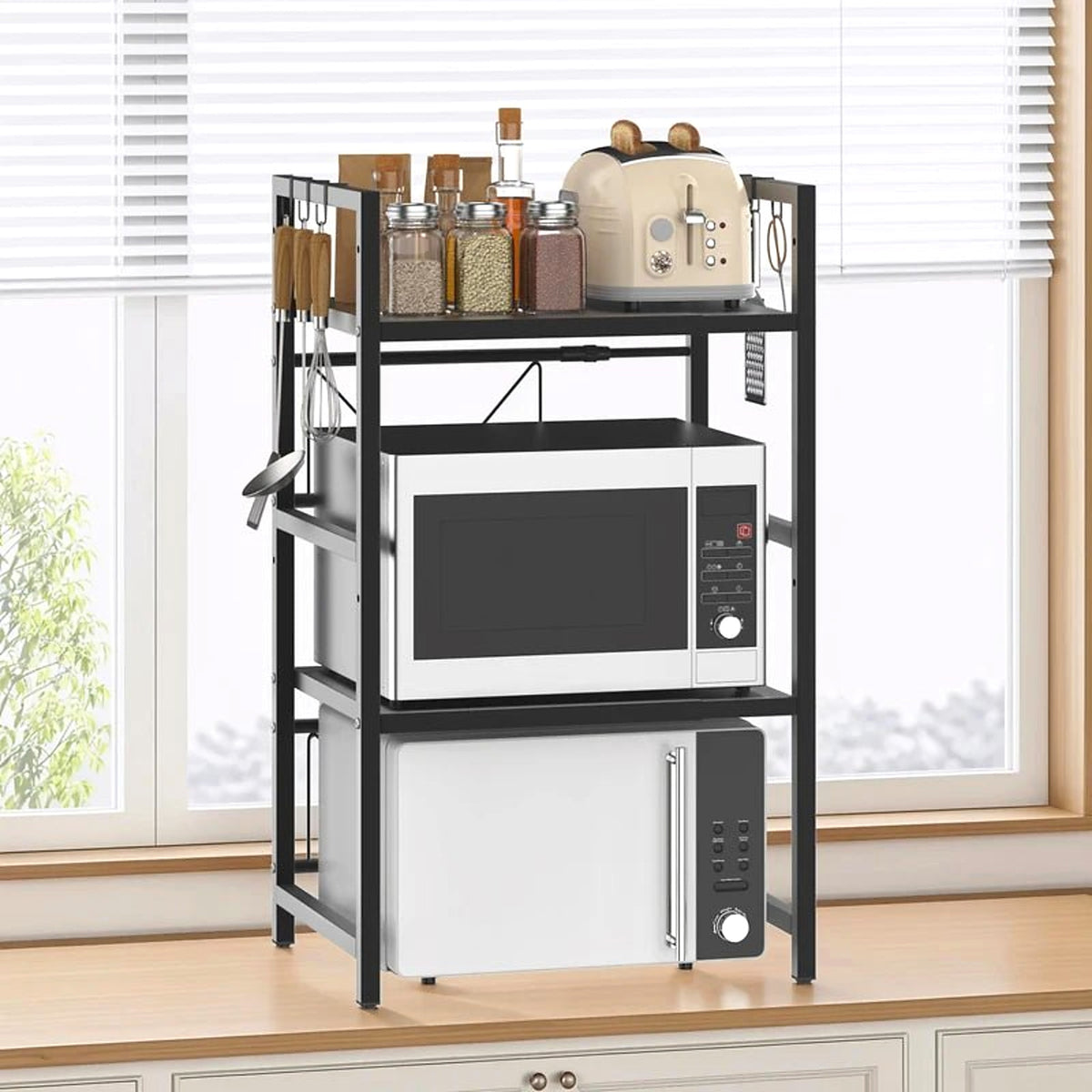 3-tier microwave rack organising a kitchen worktop