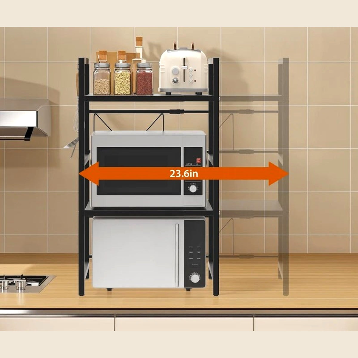 Microwave rack with shelves for jars and pans