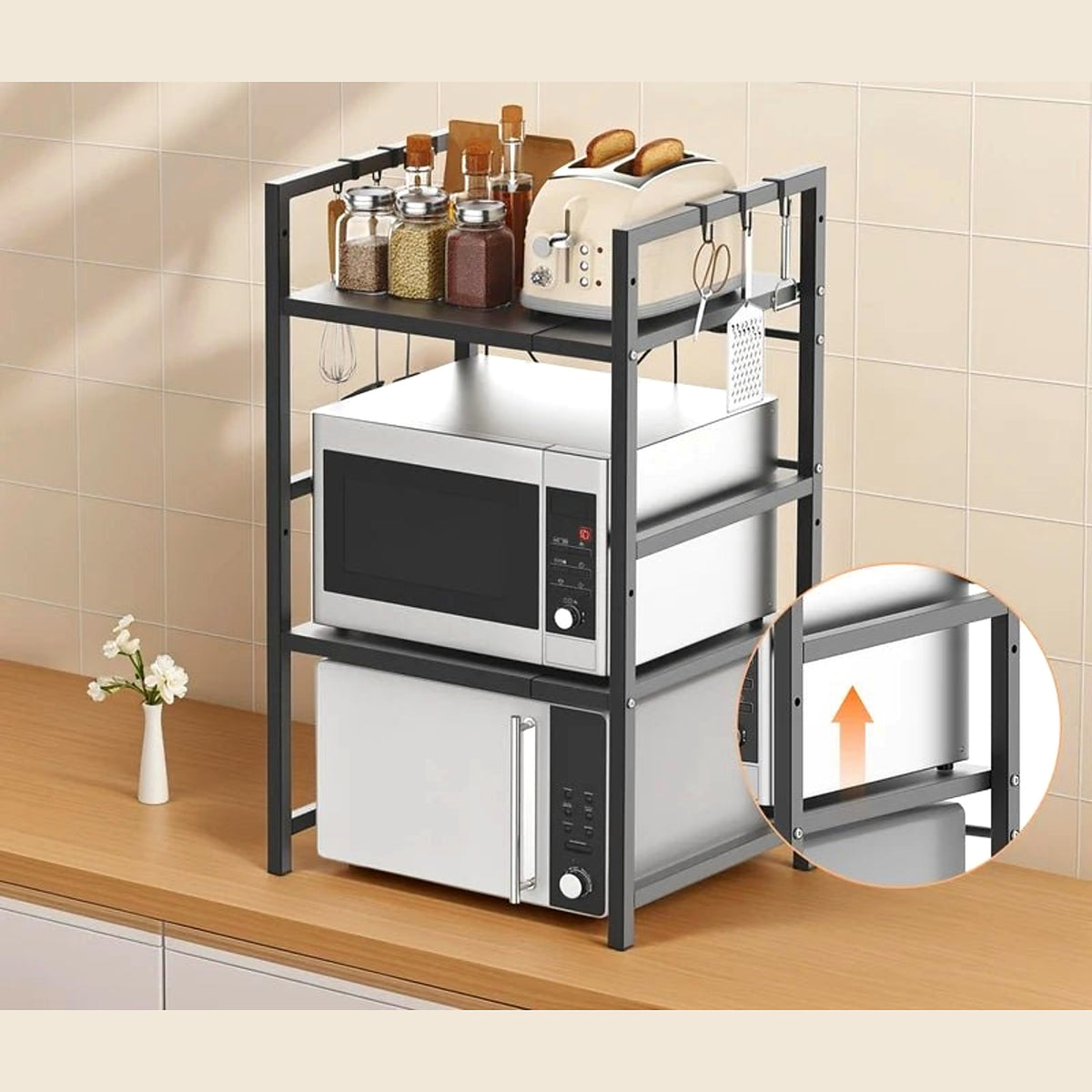 Microwave rack with hanging hooks