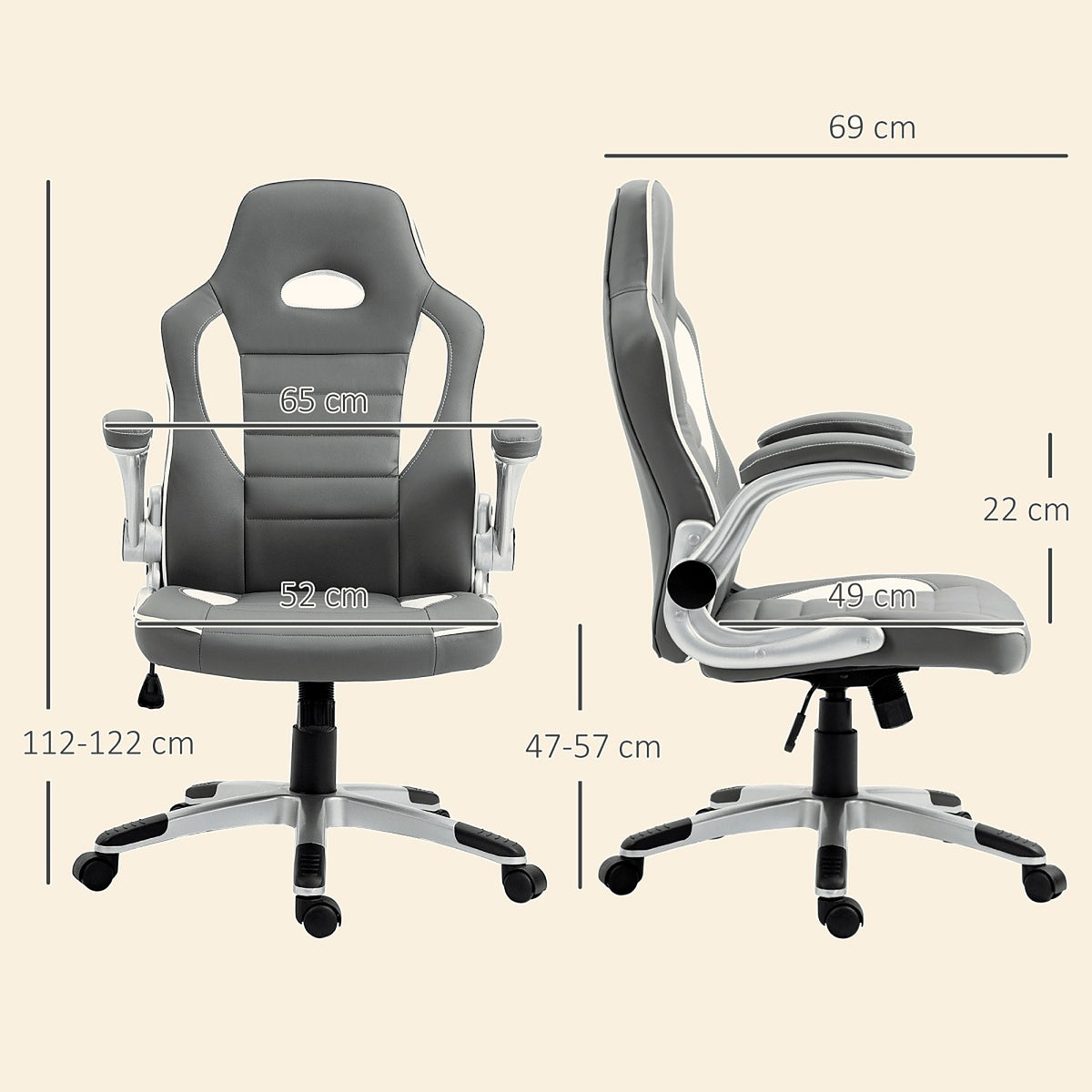 Racing-Style Gaming Chair with Flip-Up Armrests, Grey - view 3