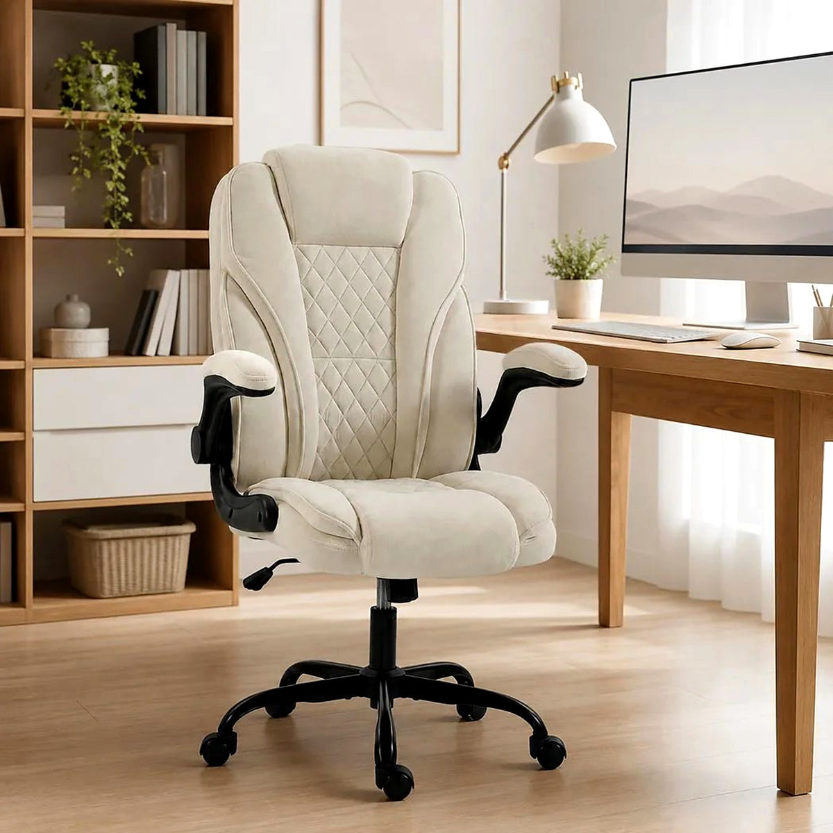Office Chair with Pocket-Spring Seat and Flip-Up Arms, Beige - view 3