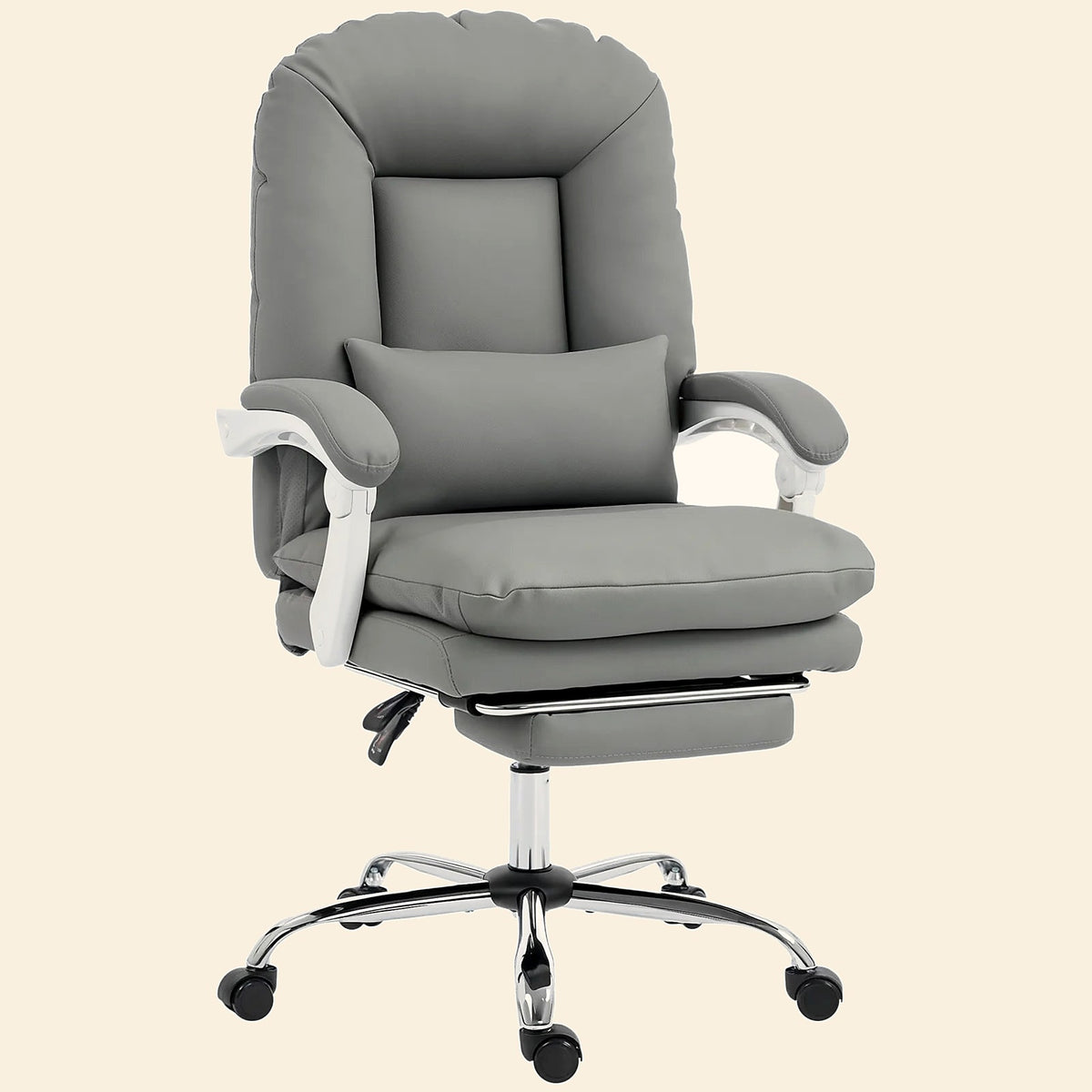 Reclining Executive Desk Chair with Footrest and Lumbar Pillow, Grey