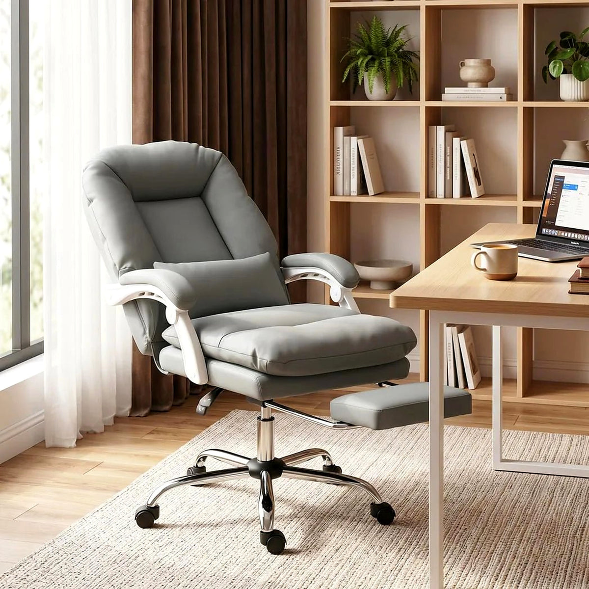 Reclining Executive Desk Chair with Footrest and Lumbar Pillow, Grey - view 3