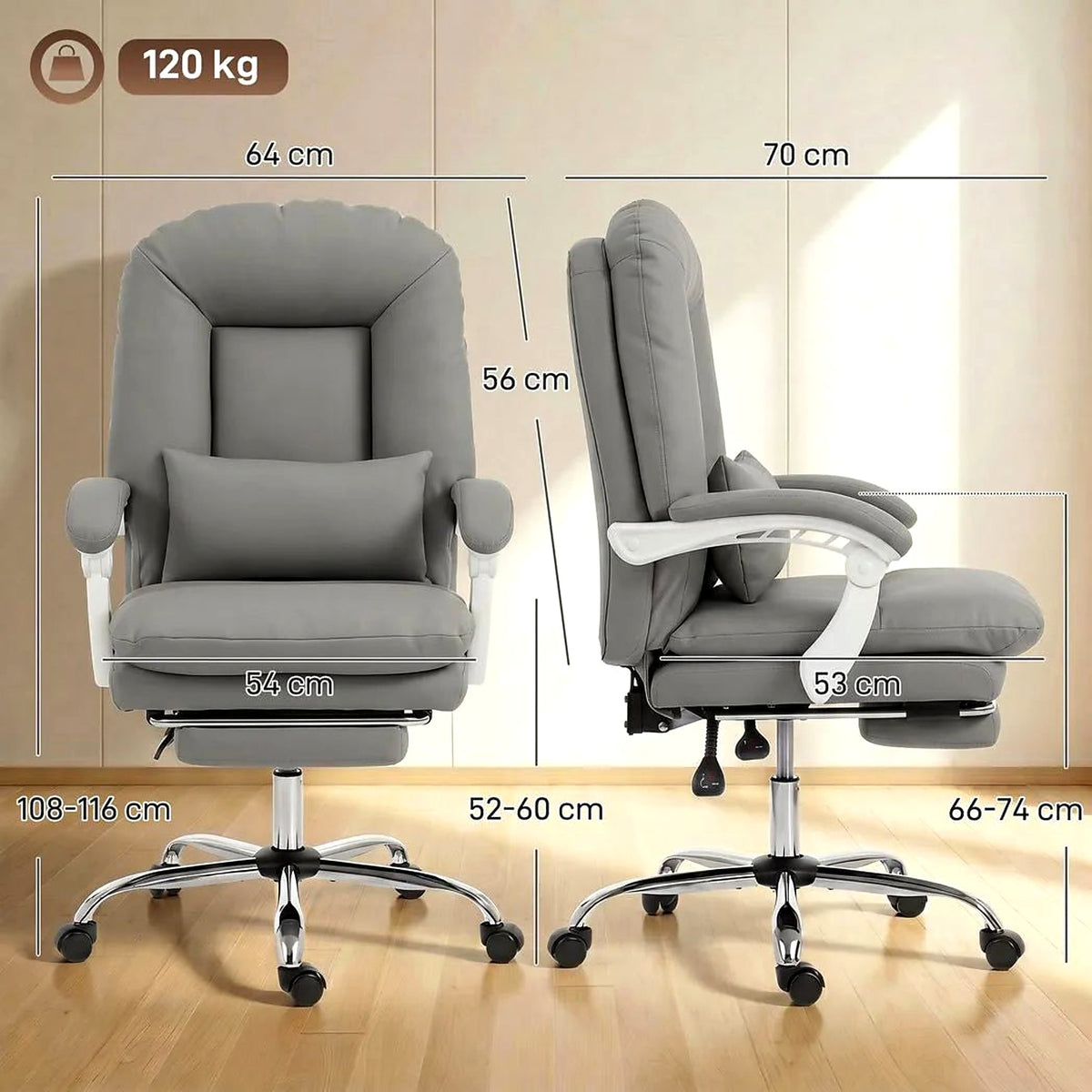 Reclining Executive Desk Chair with Footrest and Lumbar Pillow, Grey - view 4