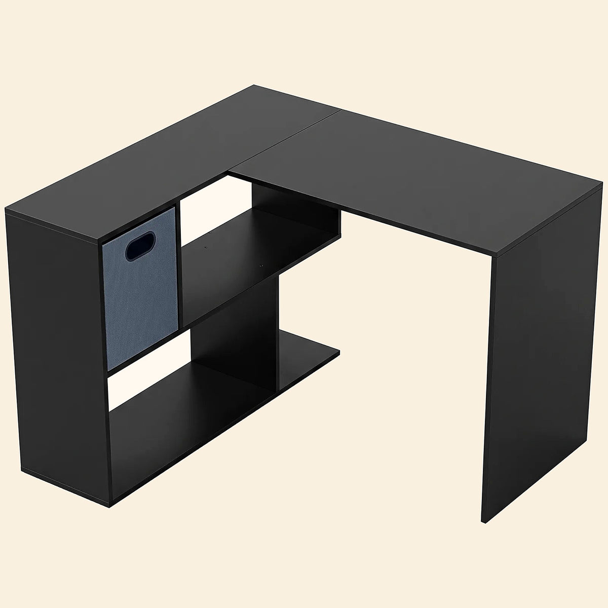 110 cm L-Shaped Desk with Fabric Drawer and Shelves, Black