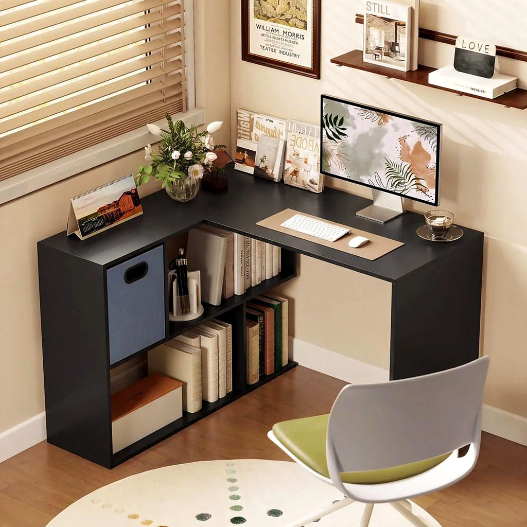 110 cm L-Shaped Desk with Fabric Drawer and Shelves, Black - view 3