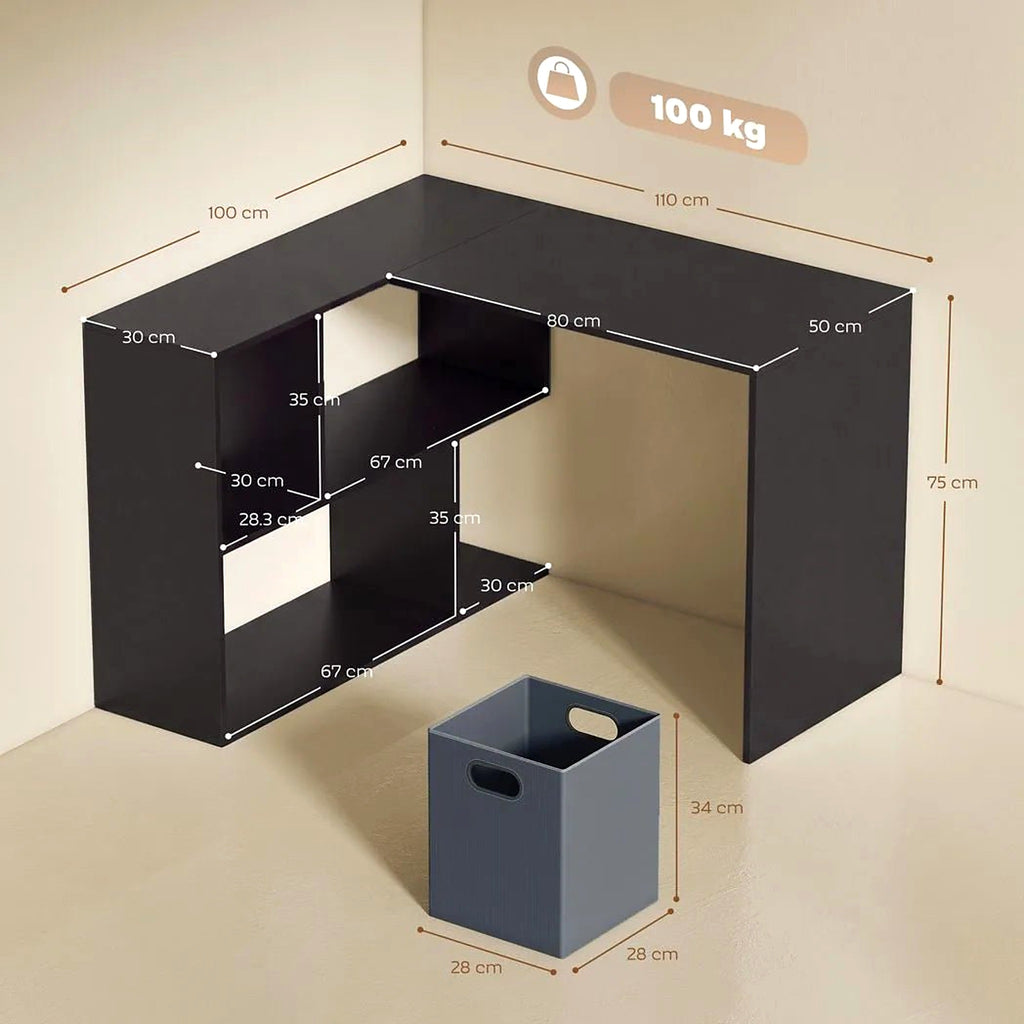 110 cm L-Shaped Desk with Fabric Drawer and Shelves, Black - view 4