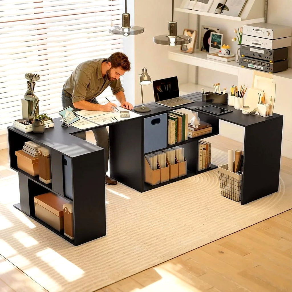110 cm L-Shaped Desk with Fabric Drawer and Shelves, Black - view 6