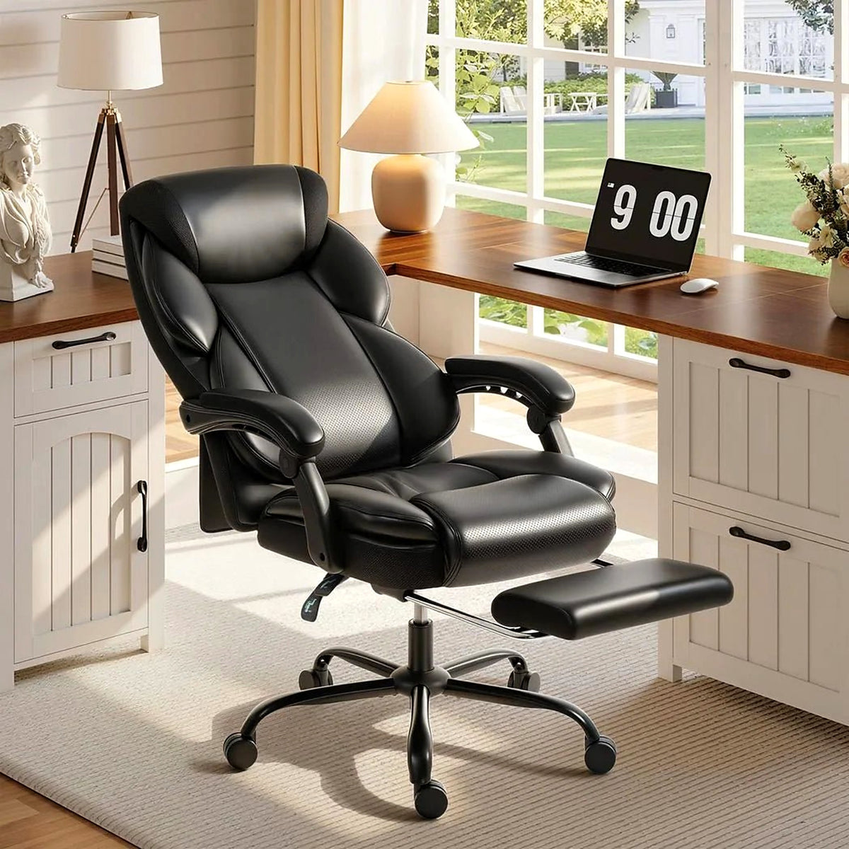 Reclining Desk Chair with Footrest and Linked Armrests, Black - view 3