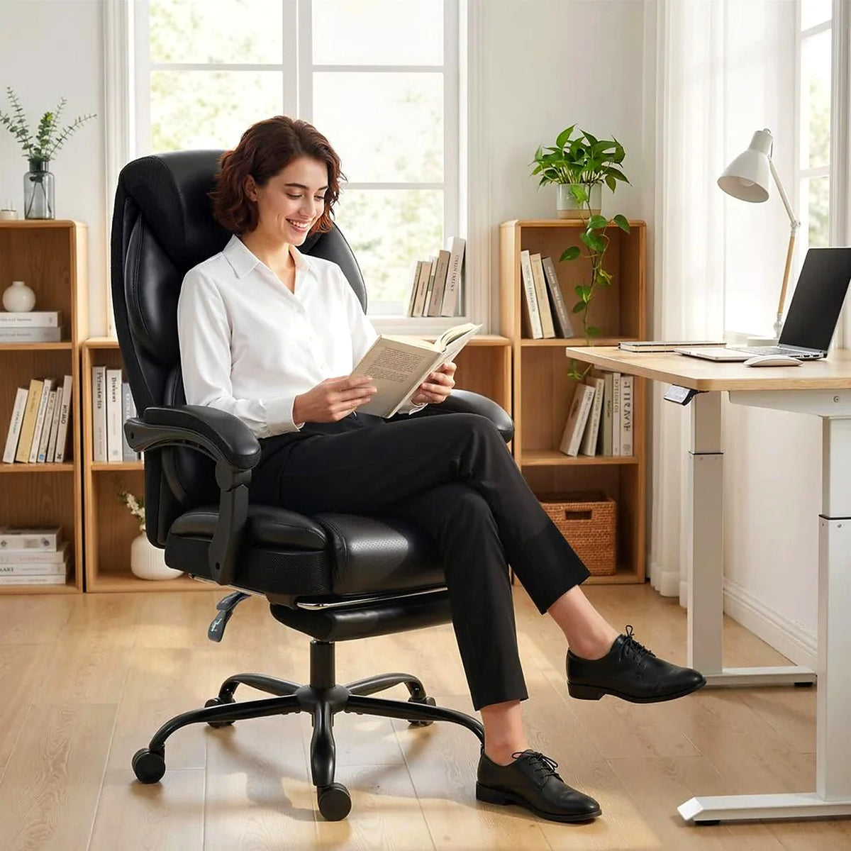 Reclining Desk Chair with Footrest and Linked Armrests, Black - view 4