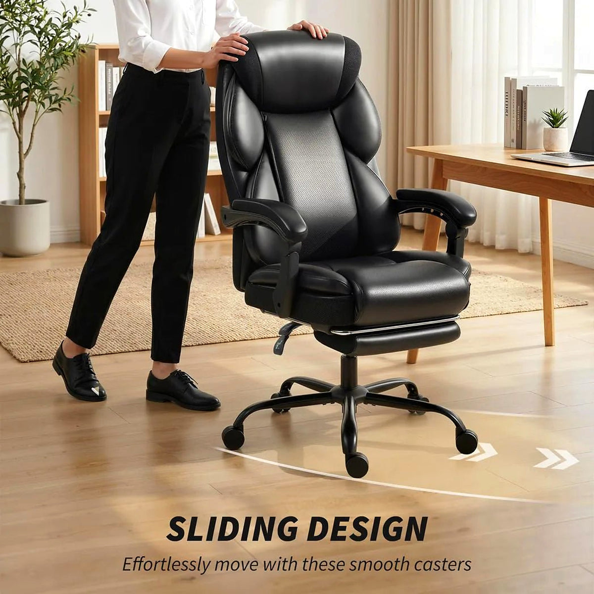 Reclining Desk Chair with Footrest and Linked Armrests, Black - view 5