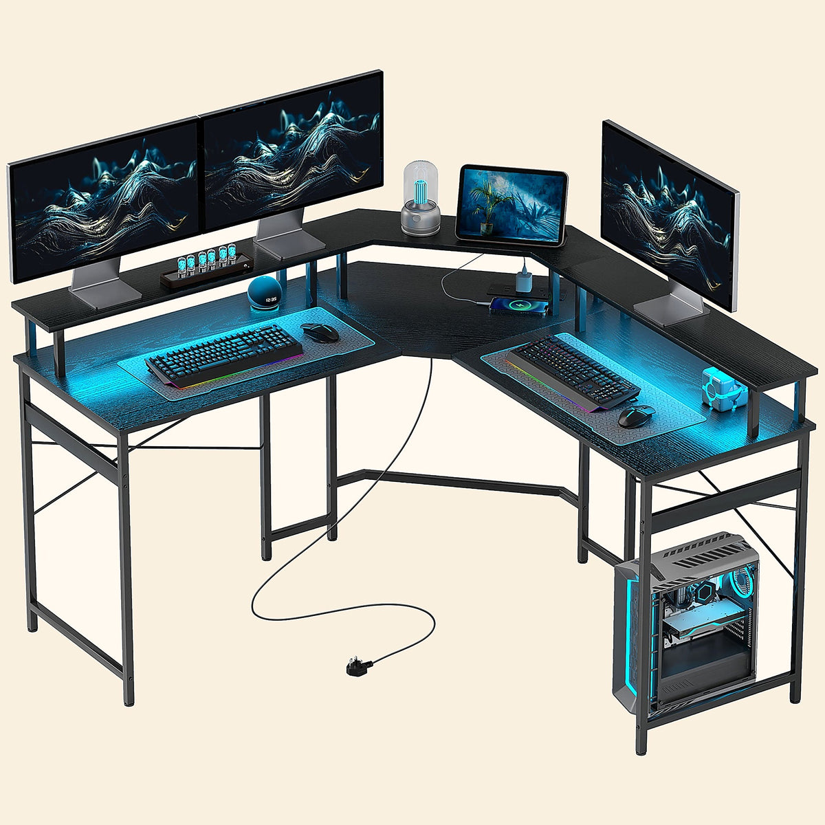 L-Shaped Corner Desk with Monitor Shelf, LED Lights and Power Sockets, Black