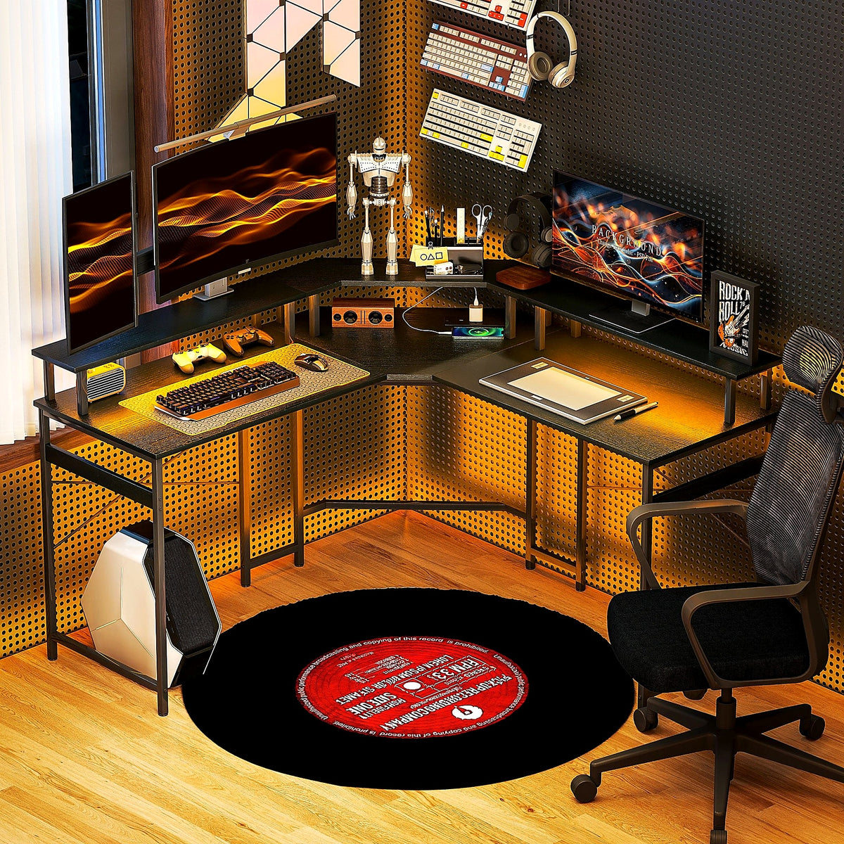 L-Shaped Corner Desk with Monitor Shelf, LED Lights and Power Sockets, Black - view 2