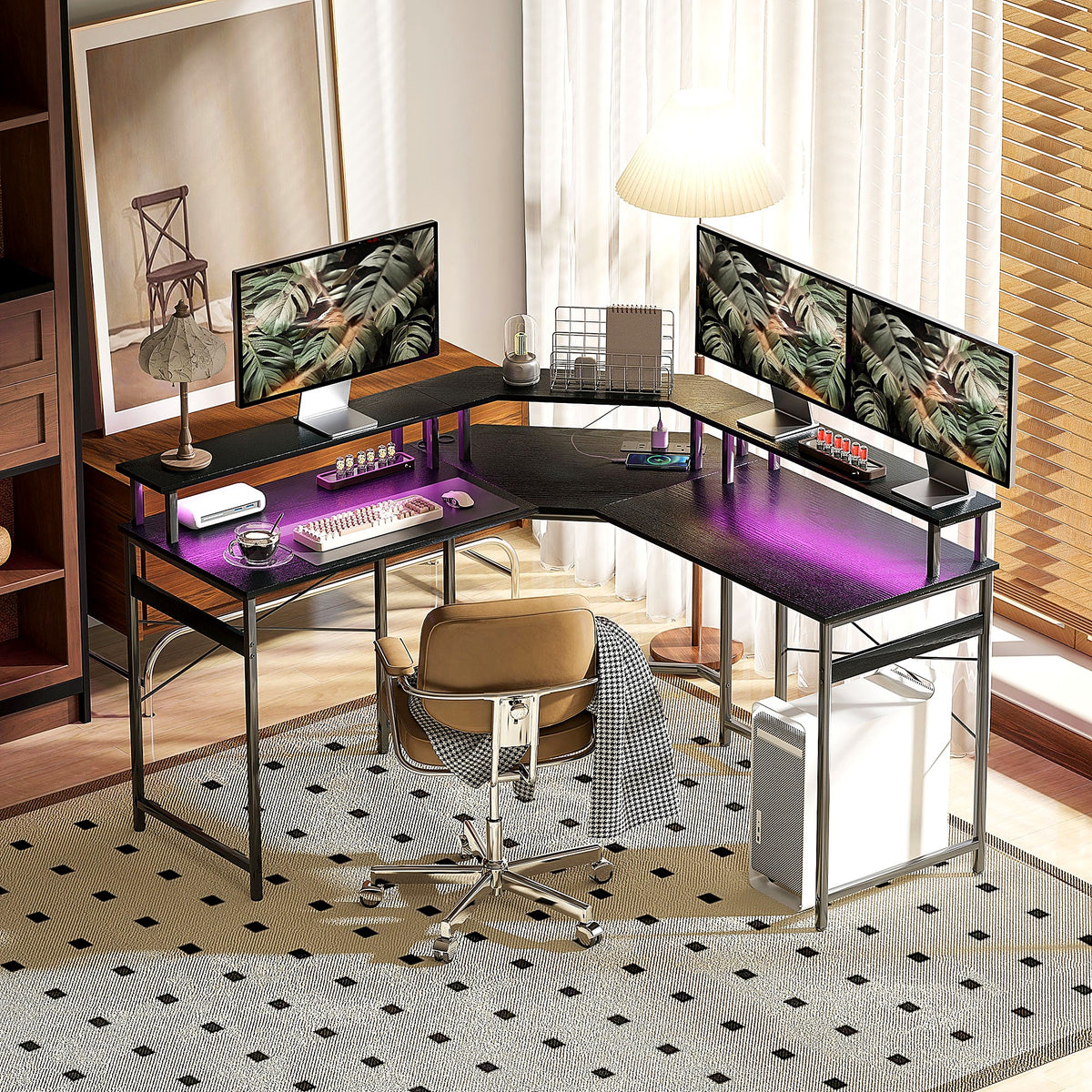L-Shaped Corner Desk with Monitor Shelf, LED Lights and Power Sockets, Black - view 4