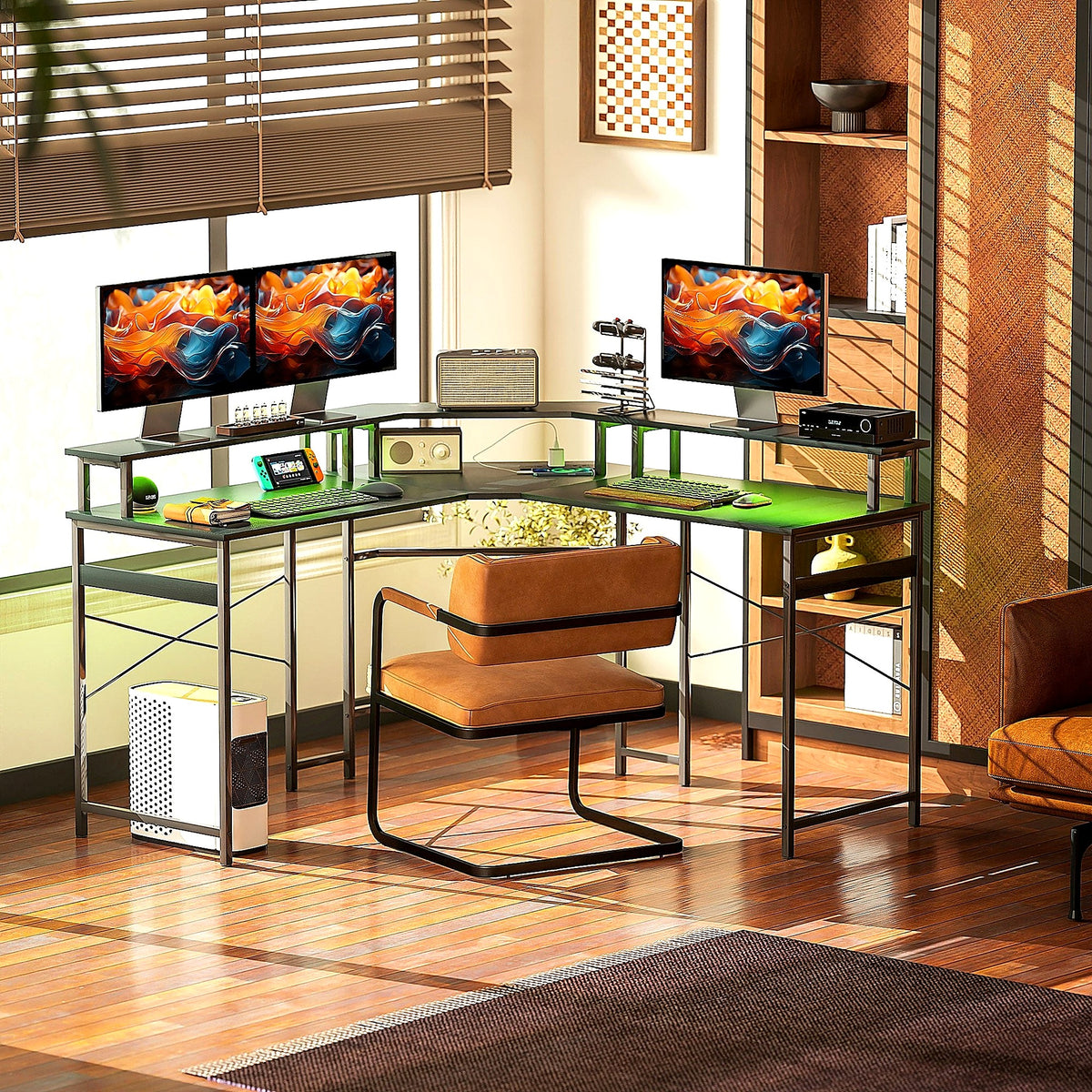 L-Shaped Corner Desk with Monitor Shelf, LED Lights and Power Sockets, Black - view 5