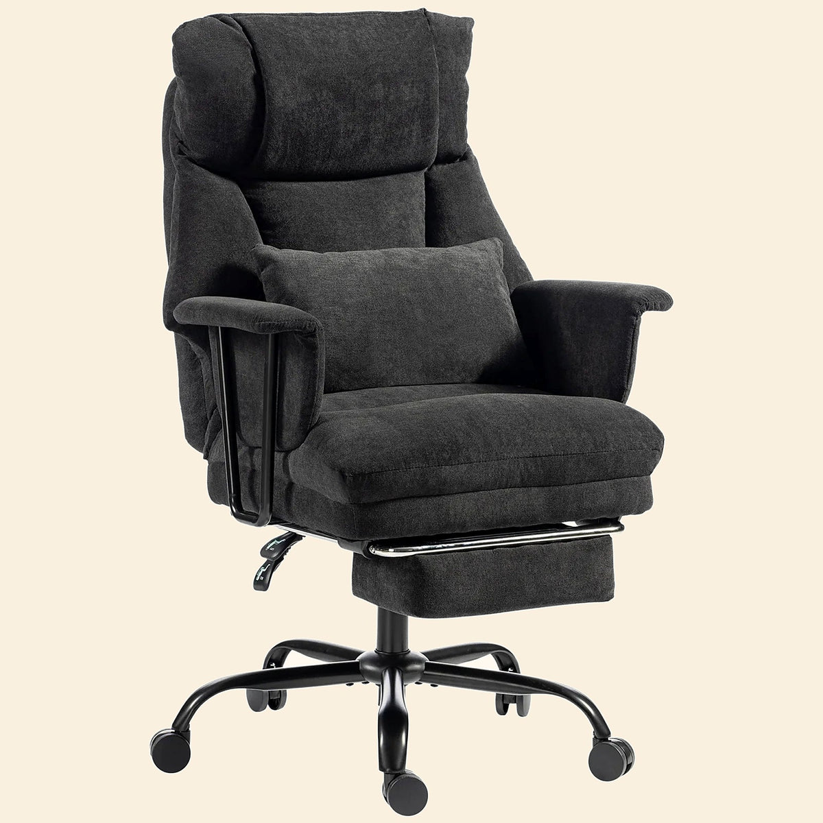 Heavy-Duty Linen-Look Office Chair, 180 kg, with Lumbar Pillow, Black