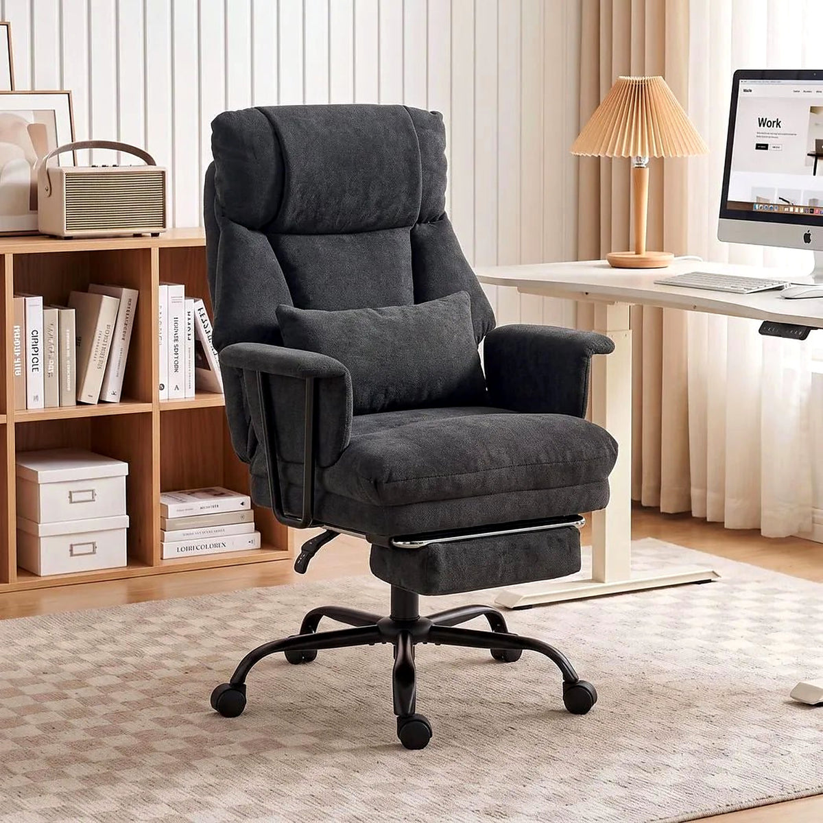 Heavy-Duty Linen-Look Office Chair, 180 kg, with Lumbar Pillow, Black - view 3