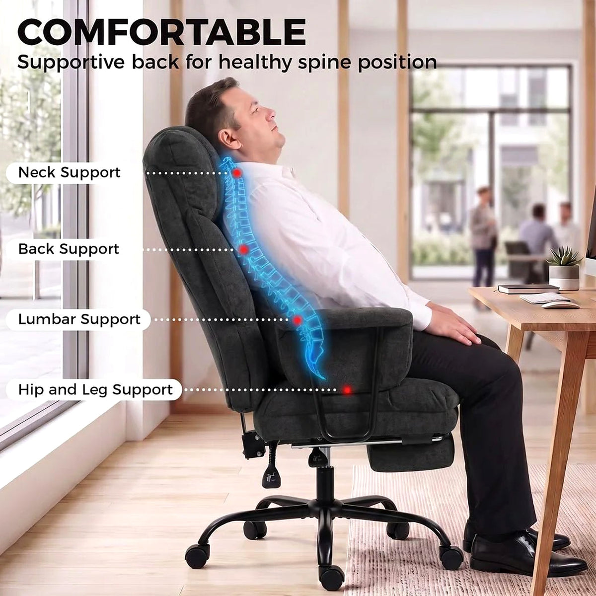 Heavy-Duty Linen-Look Office Chair, 180 kg, with Lumbar Pillow, Black - view 4