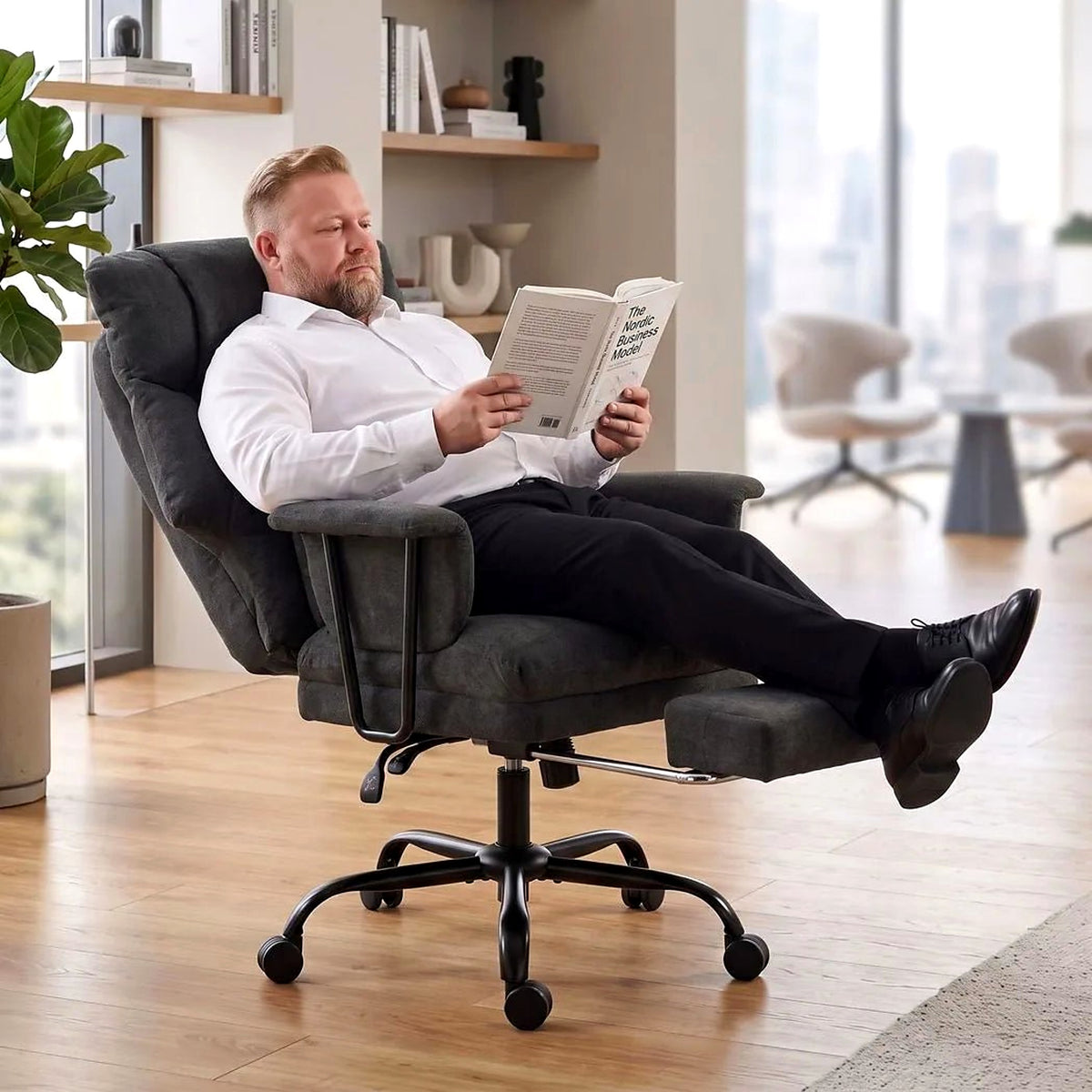 Heavy-Duty Linen-Look Office Chair, 180 kg, with Lumbar Pillow, Black - view 5