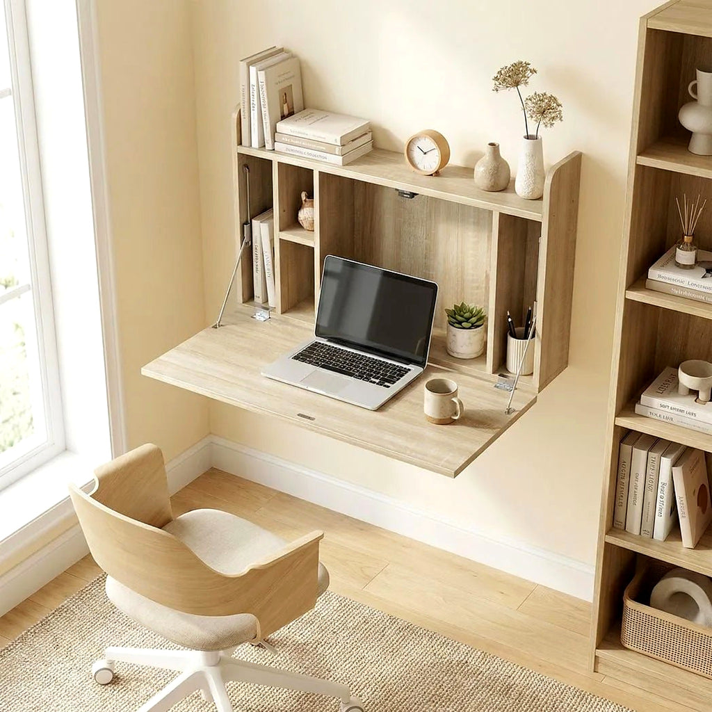 Wall-Mounted Drop-Leaf Desk with Storage, Oak Effect - view 3