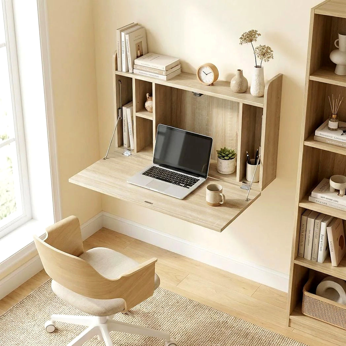Wall-Mounted Drop-Leaf Desk with Storage, Oak Effect - view 3