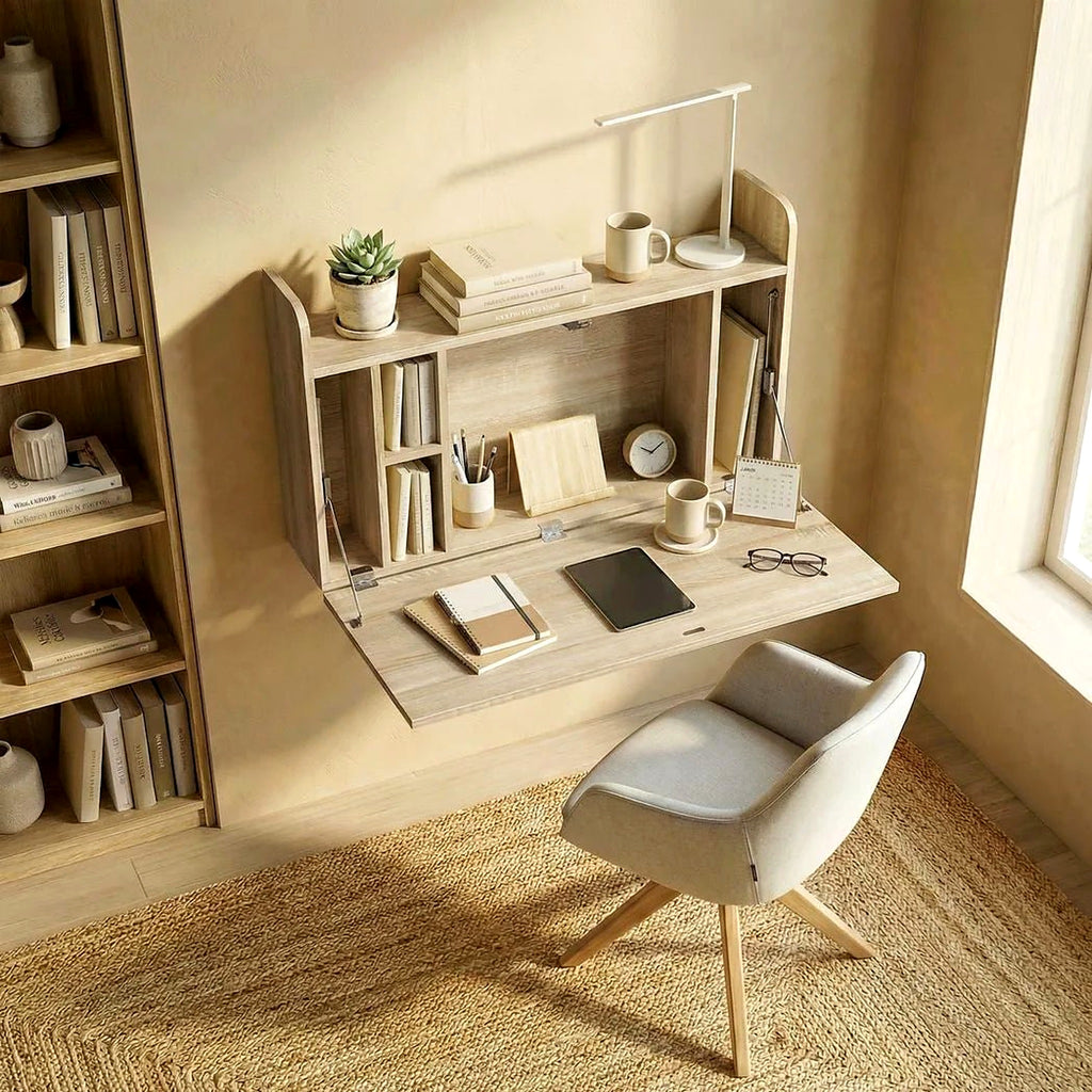 Wall-Mounted Drop-Leaf Desk with Storage, Oak Effect - view 4