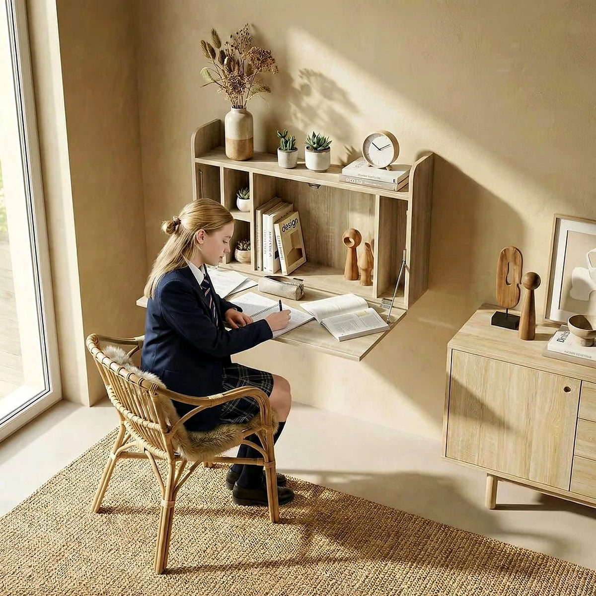 Wall-Mounted Drop-Leaf Desk with Storage, Oak Effect - view 5