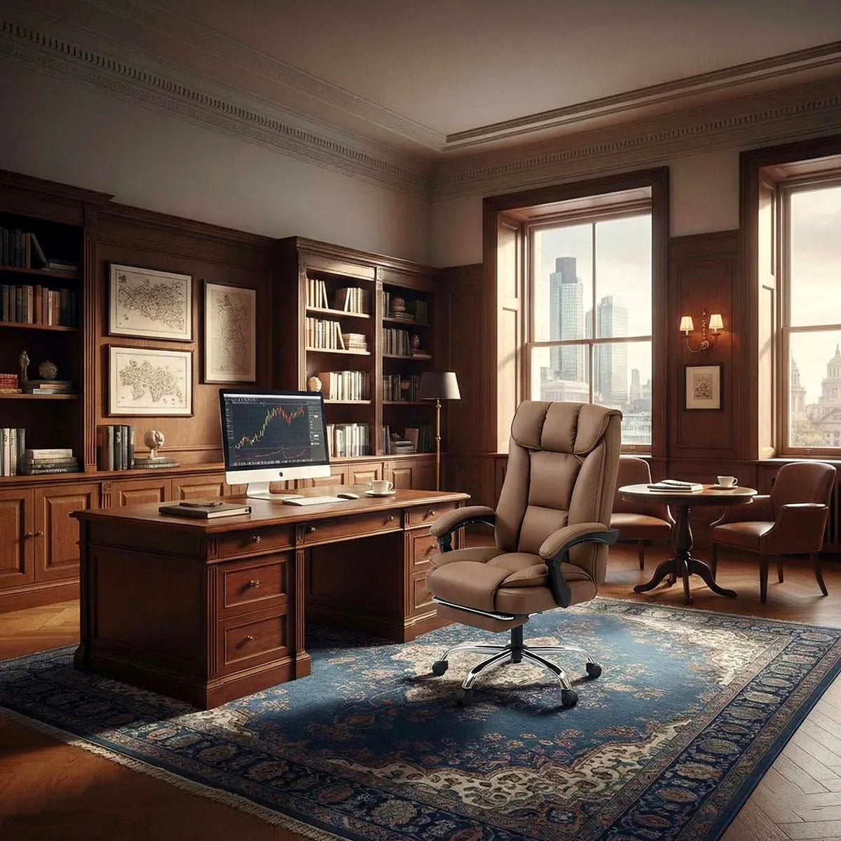 155° Reclining Faux Leather Desk Chair with Footrest, Brown - view 3
