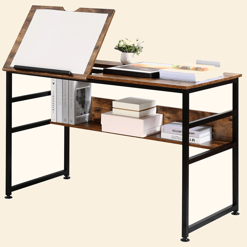 Tilting Drafting Table and Desk with Back Shelf, Rustic Brown