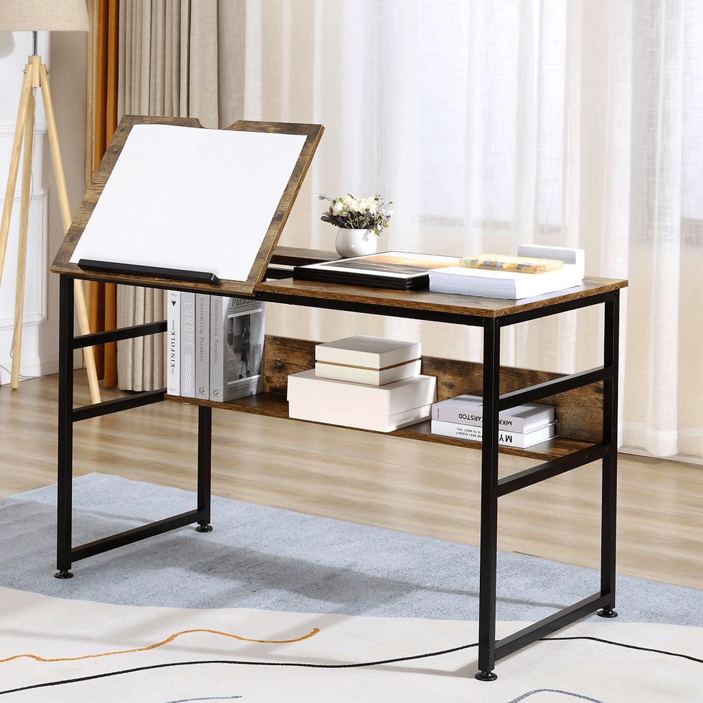 Tilting Drafting Table and Desk with Back Shelf, Rustic Brown - view 2