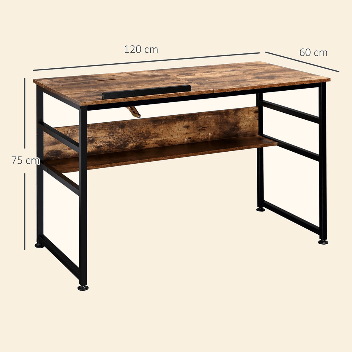 Tilting Drafting Table and Desk with Back Shelf, Rustic Brown - view 3