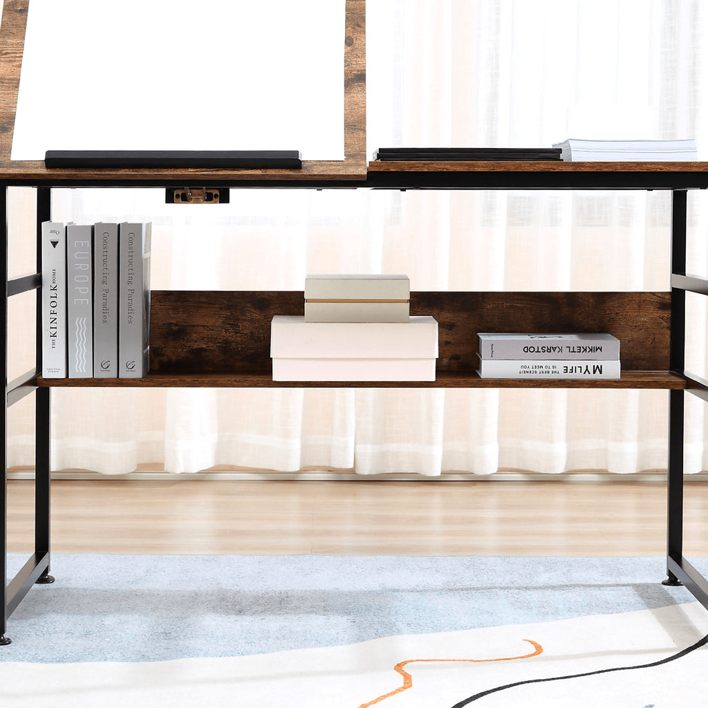 Tilting Drafting Table and Desk with Back Shelf, Rustic Brown - view 5