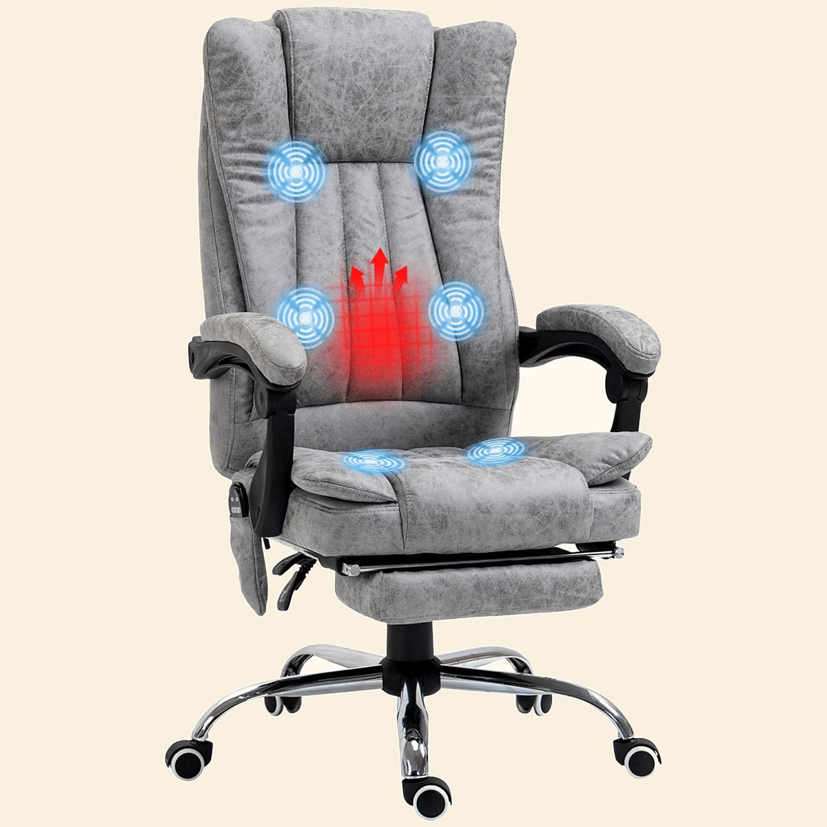 Reclining Desk Chair with 6-Point Vibration and Heat, Grey Microfibre